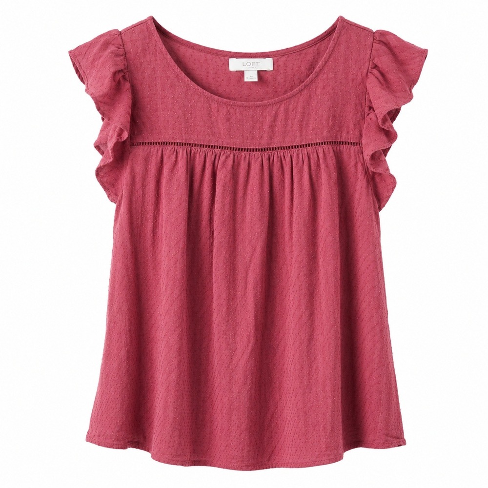 LOFT Blouse Womens XL Pink Flutter Sleeve Ladder Stitch Dobby Boho Chic Top - Picture 1 of 11